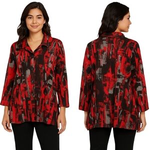 PARSLEY & SAGE Tunic Jacket Womens Plus 1X Red Black Abstract Button Front Artsy